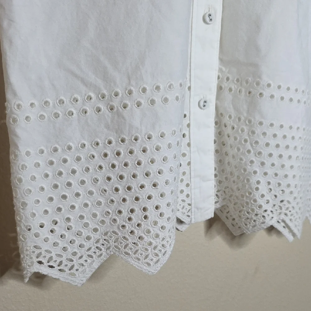 Madewell White Cotton Eyelet Embroidery Camp Shirt Shrunken Fit Scallop Hem XS - Picture 7 of 11